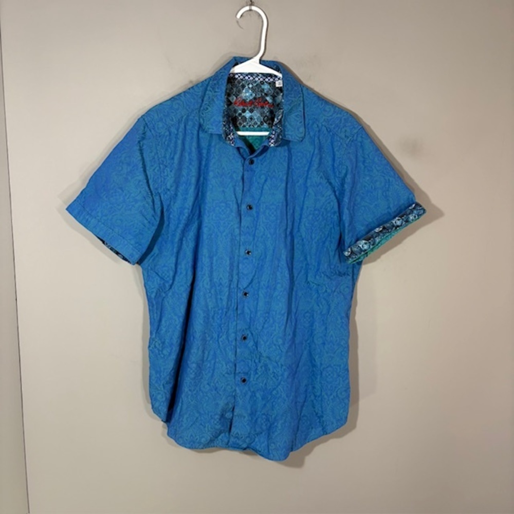 Robert Graham Shirt Mens Large Blue Paisley Short Sleeve Button Up Cotton Casual
